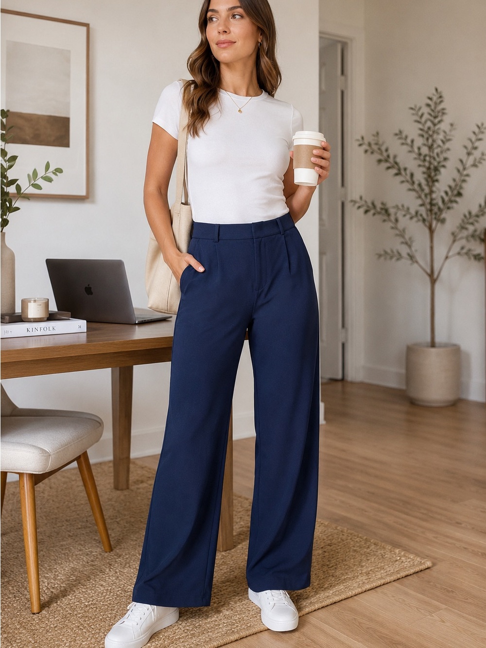 Halara Navy Wide Leg Work Pants M High Rise Stretch Travel Career NWT